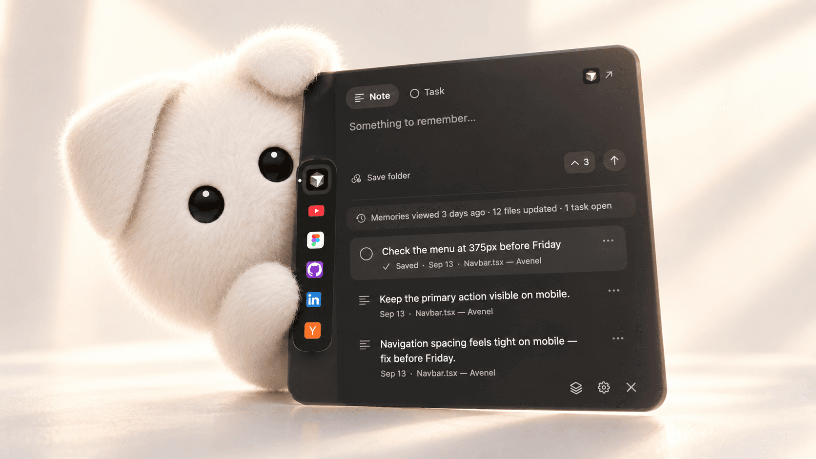 Ply’s macOS notes and tasks interface beside its white mascot