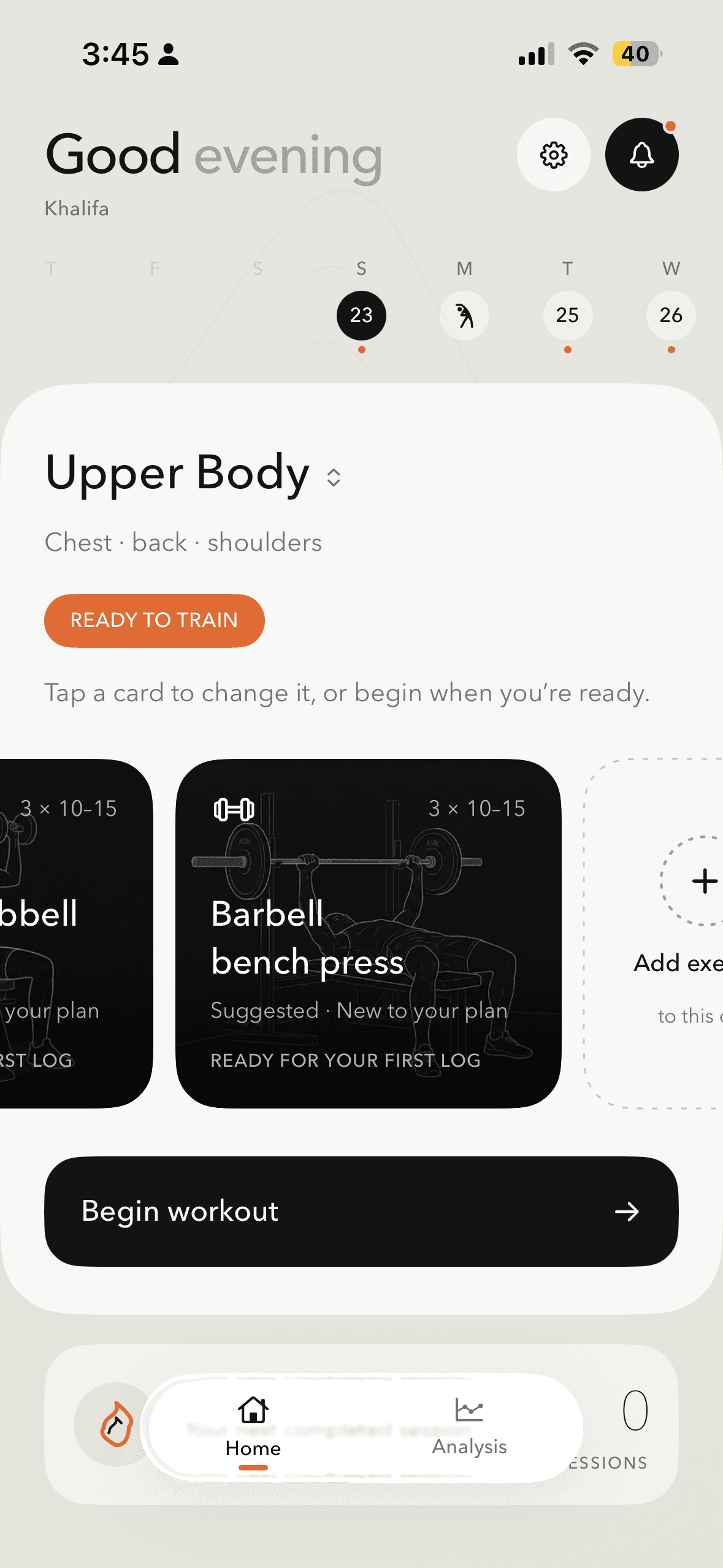 byOne dashboard showing an Upper Body workout ready to train