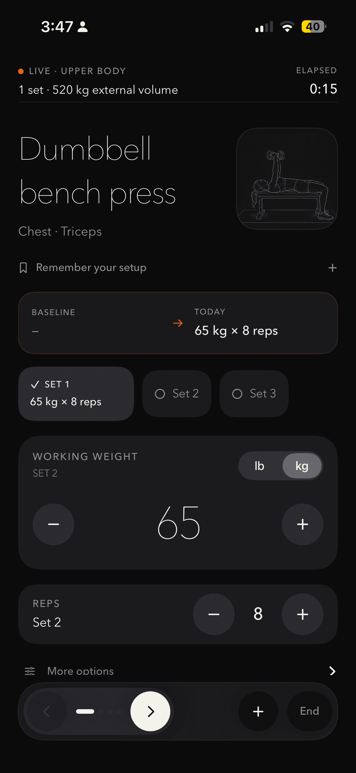 byOne Gym Mode for logging dumbbell bench press sets