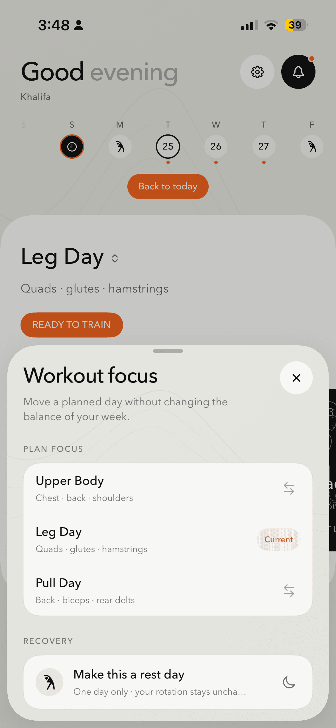 byOne workout focus sheet for changing a scheduled training day