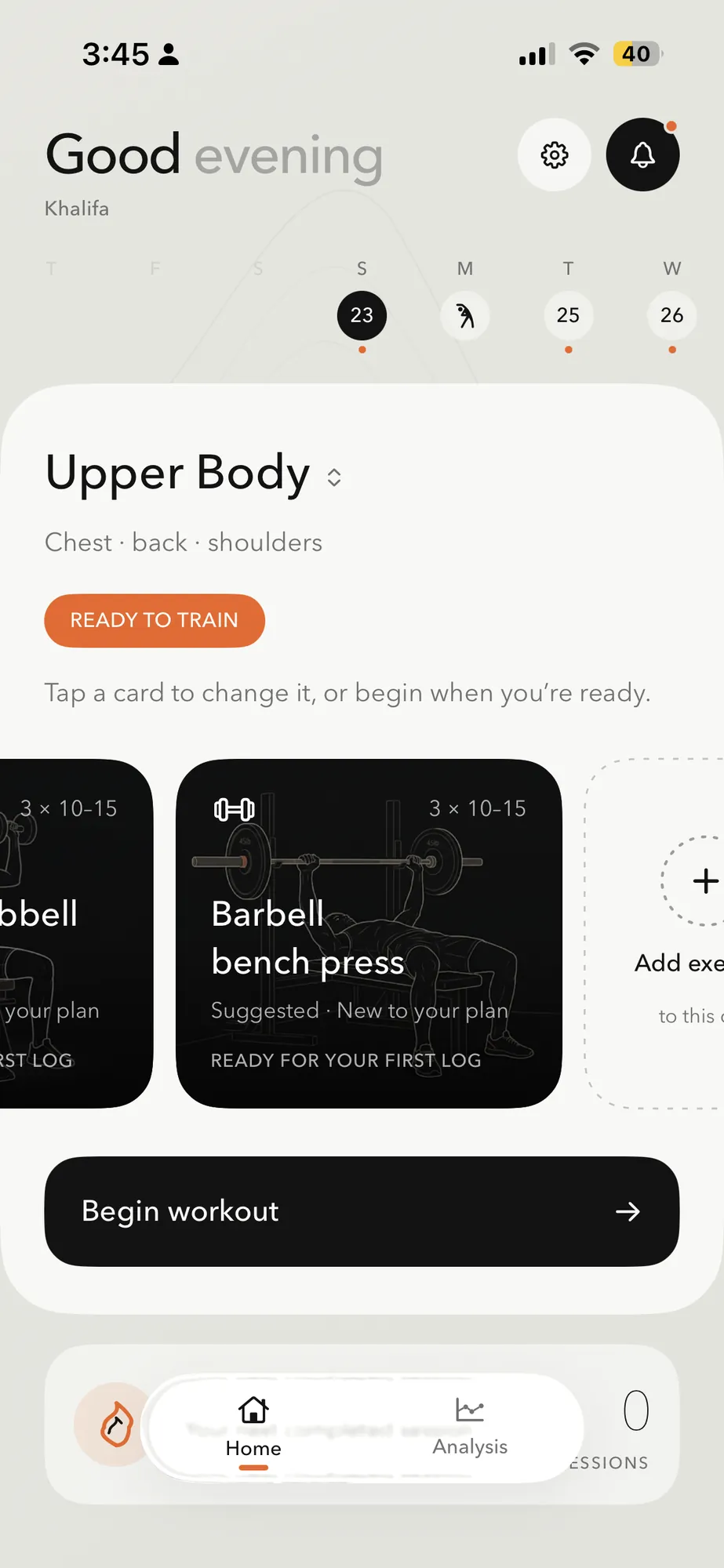 byOne dashboard showing an Upper Body workout ready to train