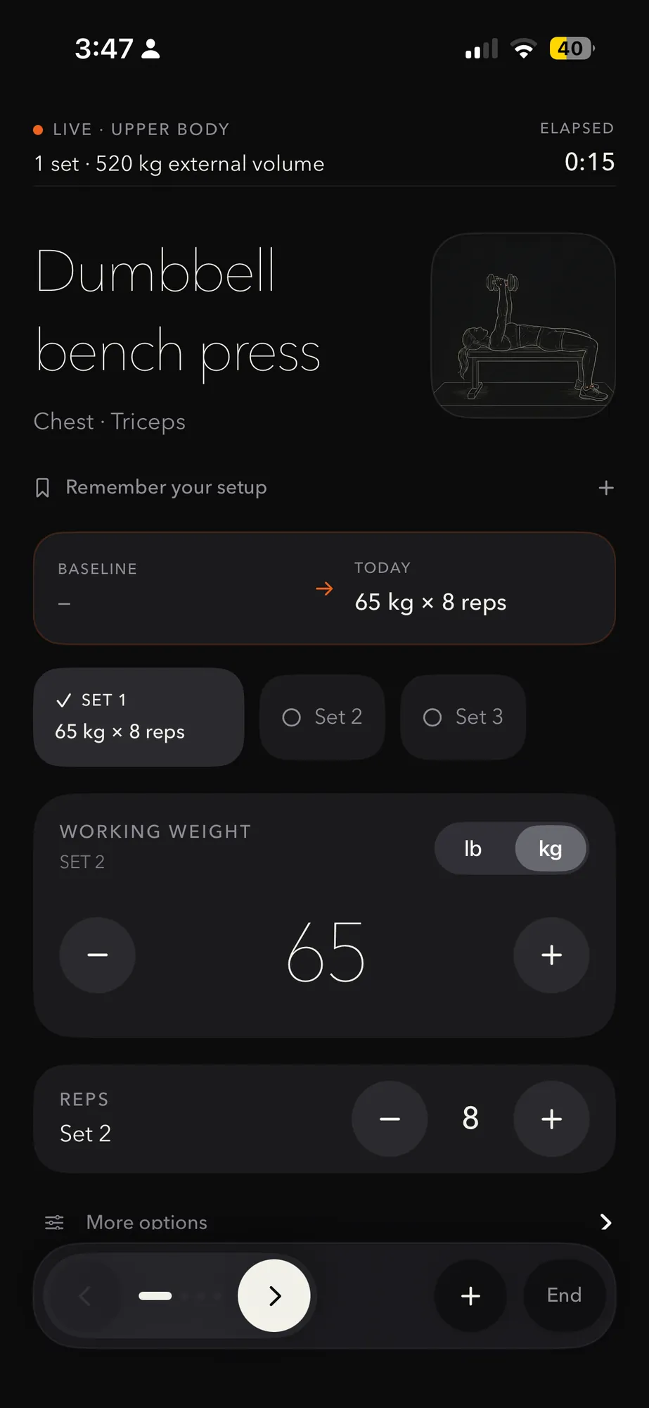 byOne Gym Mode for logging dumbbell bench press sets